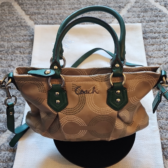 Coach Ashley Dotted Op Art Tan and Green Crossbody. - Picture 1 of 11